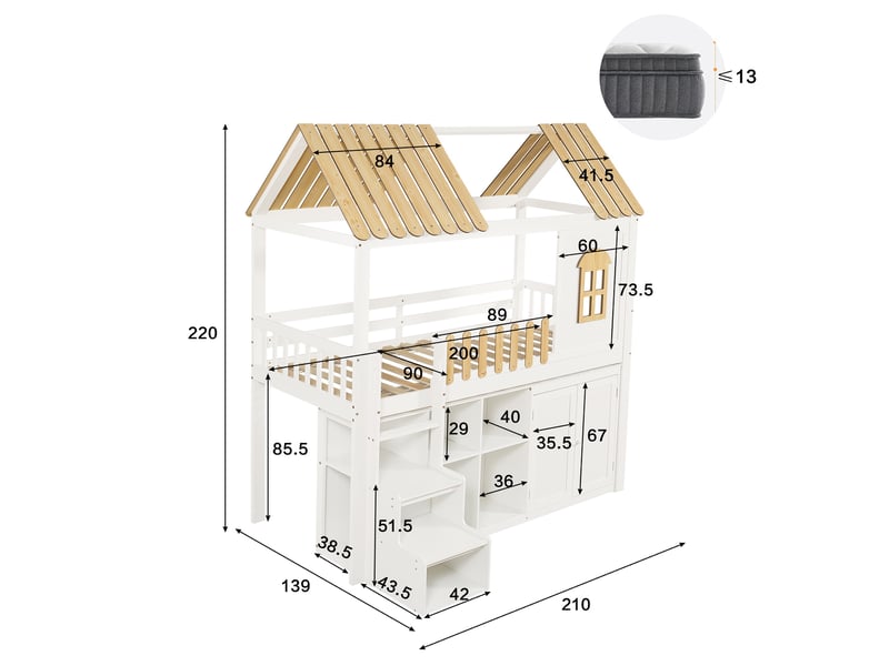  Lit mezzanine enfant 90x200 cm, avec armoire et escalier de rangement gain de place, en bois de pin massif, blanc  - Conforama E