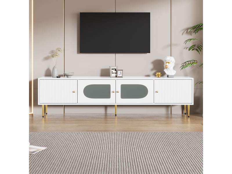  Meuble tv élégant 170x35x50 cm, 2 portes à rainures verticales, corps blanc avec pieds et poignées dorés, 2 portes à verre bombé  - Conforama E