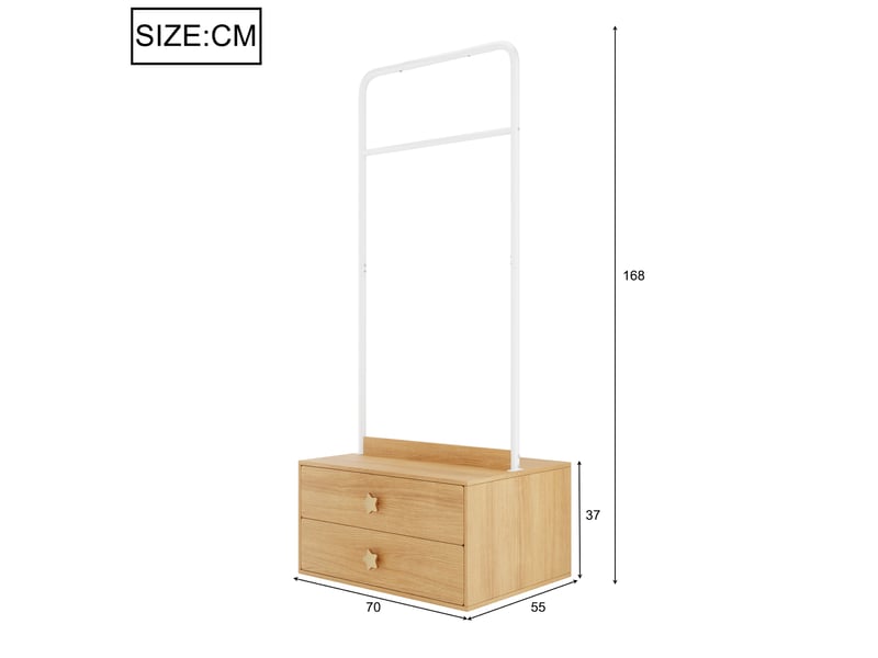  Armoire enfant 2 portes en mdf blanc et bois clair, rangement avec penderie et 2 tiroirs, pieds surélevés  - Conforama C