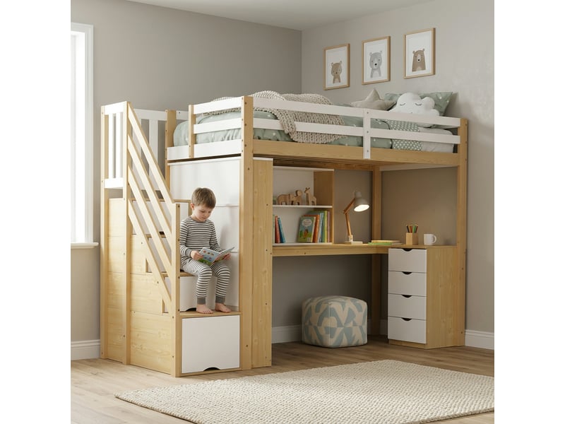  Lit mezzanine 90 × 200 cm blanc et naturel avec bureau, tiroirs et escalier de rangement IKSETERA TRADING LTD - Conforama E