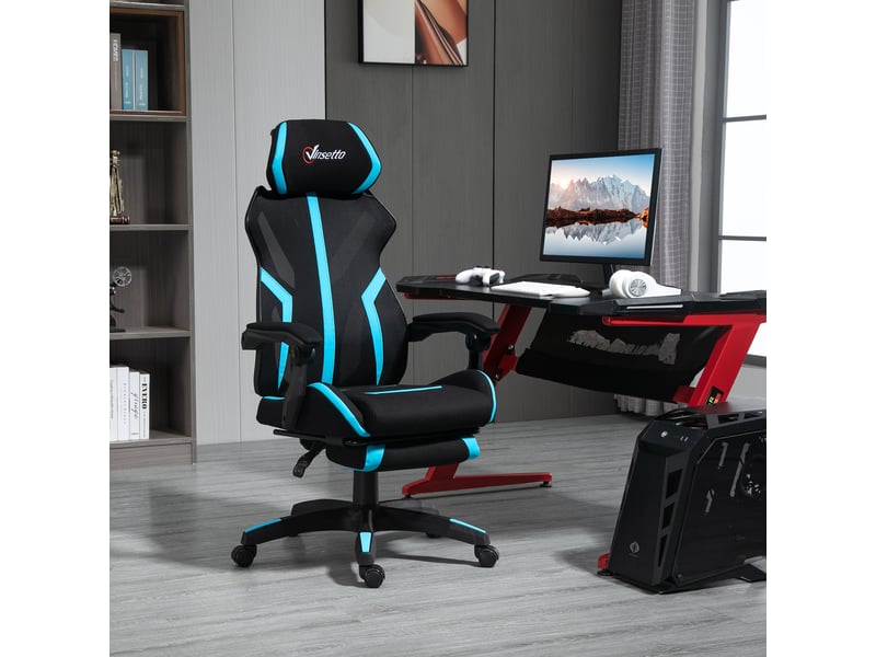  Chaise gaming noire et bleue avec repose-pieds rétractable dossier inclinable appui-tête et réglage en hauteur dimensions 65x65x119-129 cm  - Conforama E