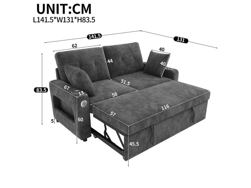  Canapé convertible 2 places 141,5x131x83,5 cm avec led et usb gris  - Conforama C