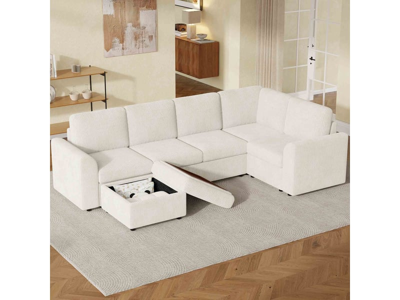  Canapé d'angle l 6 places 282x153x85 cm en velours côtelé avec pouf coffre, coussins amovibles, canapé modulable moderne pour salon - beige  - Conforama E