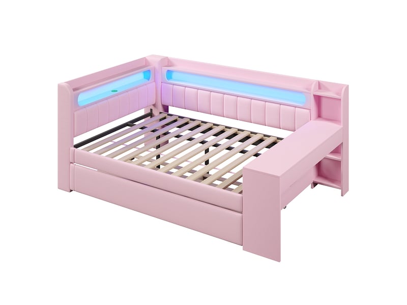  Canapé-lit rembourré 140 x 200 cm avec port usb et bande led, avec lit gigogne et bureau, tissu lin, rose  - Conforama E
