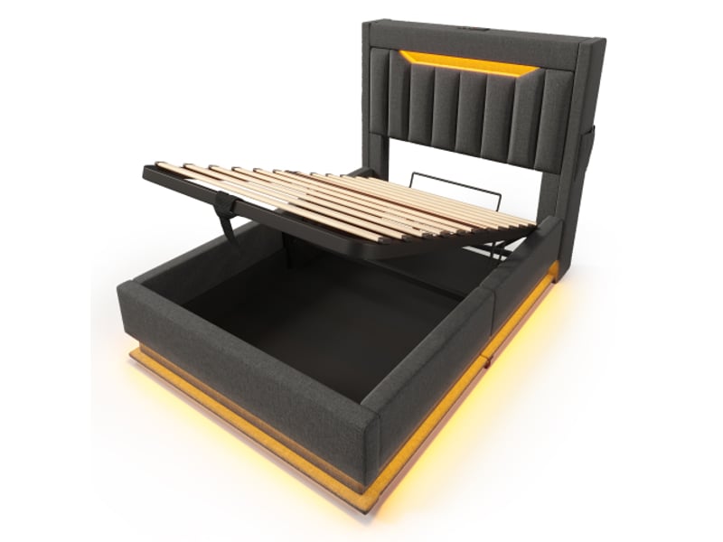  Lit coffre 90x200 cm, lit enfant avec tête de lit de rangement, prise usb et led, tissu en lin gris sans matelas  - Conforama E