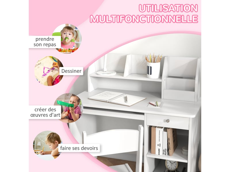  Bureau enfant avec chaise blanc 90 x 45 x 90 cm avec tiroir et rangements  - Conforama W