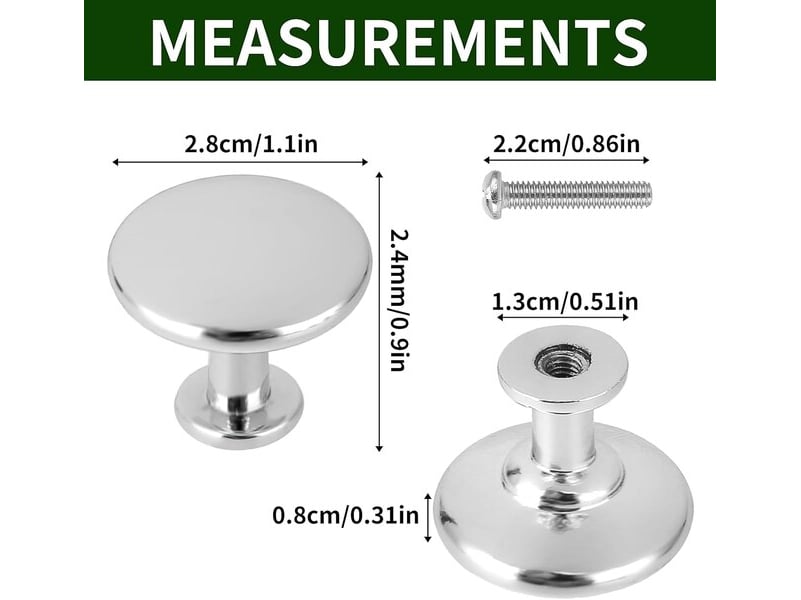 Pack de 10 poignées rondes argentées de 28 mm, poignées pour commodes, cuisine et portes avec vis - Conforama E
