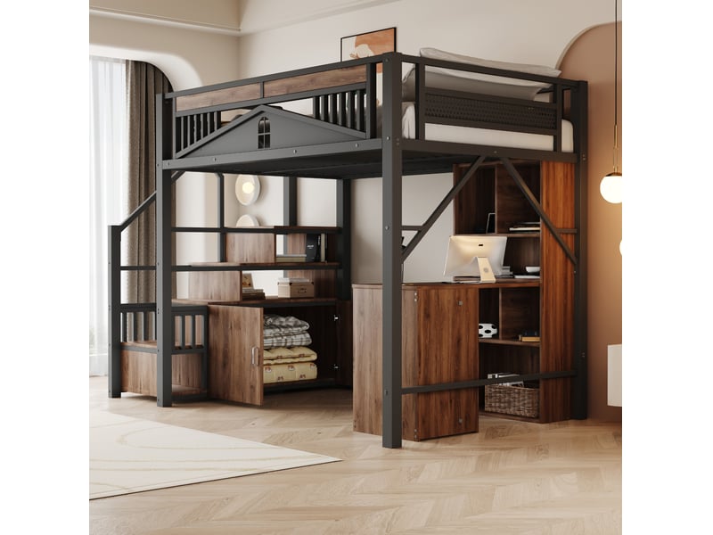  Lit mezzanine 140x200 cm avec escalier de rangement et fenêtre, noir  - Conforama D