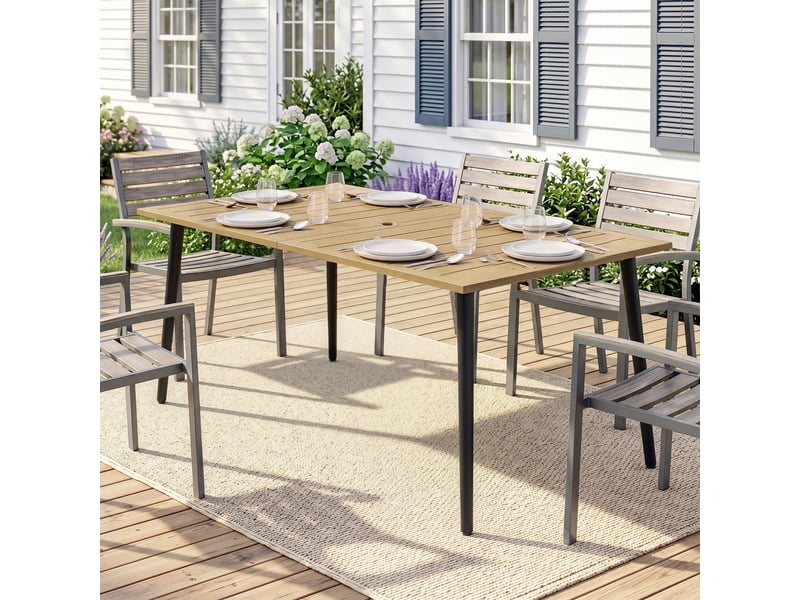 Table de jardin 150 x 90 cm, table de balcon résistante aux intempéries en acier, avec trou pour parasol, marron - Conforama D