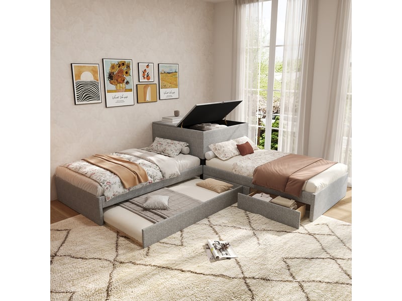  Lit d'angle, deux lits simples avec lit gigogne, lit capitonné, lit fonctionnel avec rangement, avec armoire de rangement, avec tiroir de rangement, avec lit gigogne, 90 x 200 cm, sans matelas, linge de maison, gris  - Conforama B
