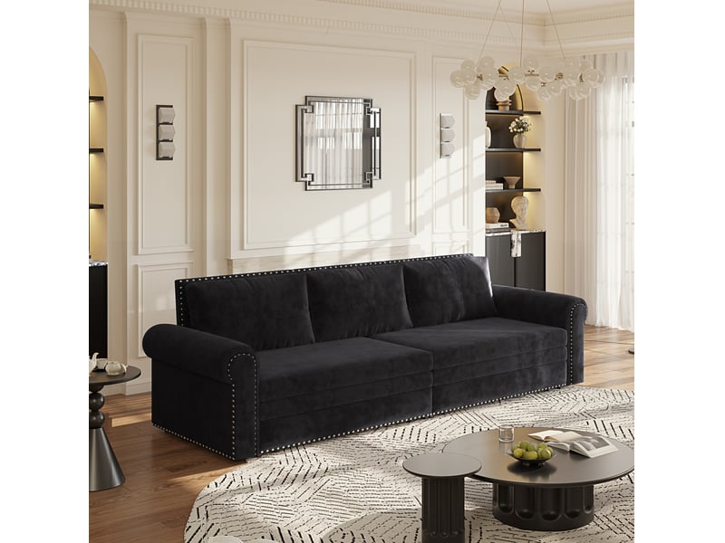  Canapé-lit convertible 3-en-1 238x90x98 cm – noir – coulissant, 3 places, accoudoirs roulés et clous décoratifs  - Conforama B