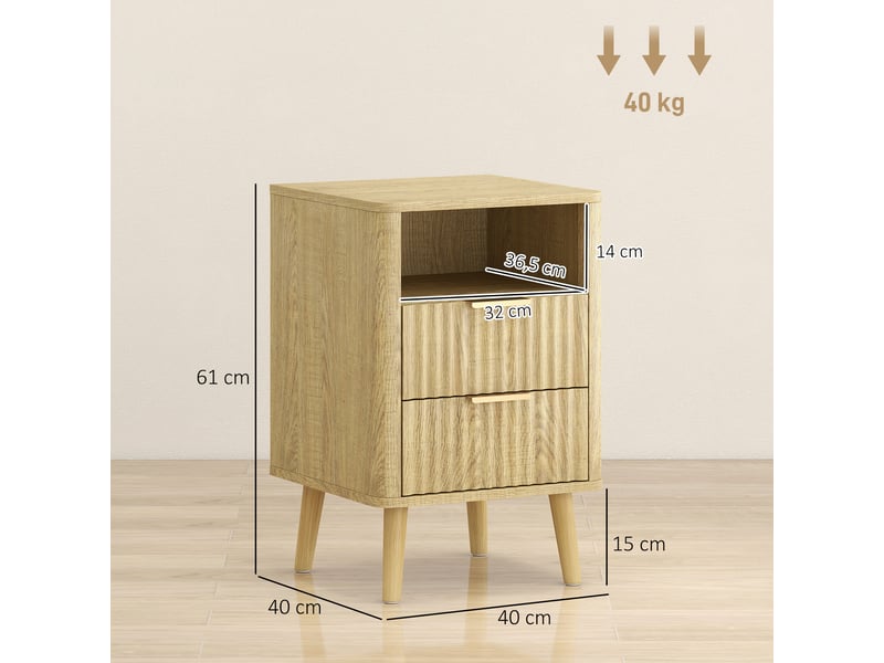  Lot de 2 tables de chevet, tables de nuit avec 2 tiroirs et compartiment ouvert, coins arrondis, chêne, 40 x 40 x 61 cm  - Conforama C