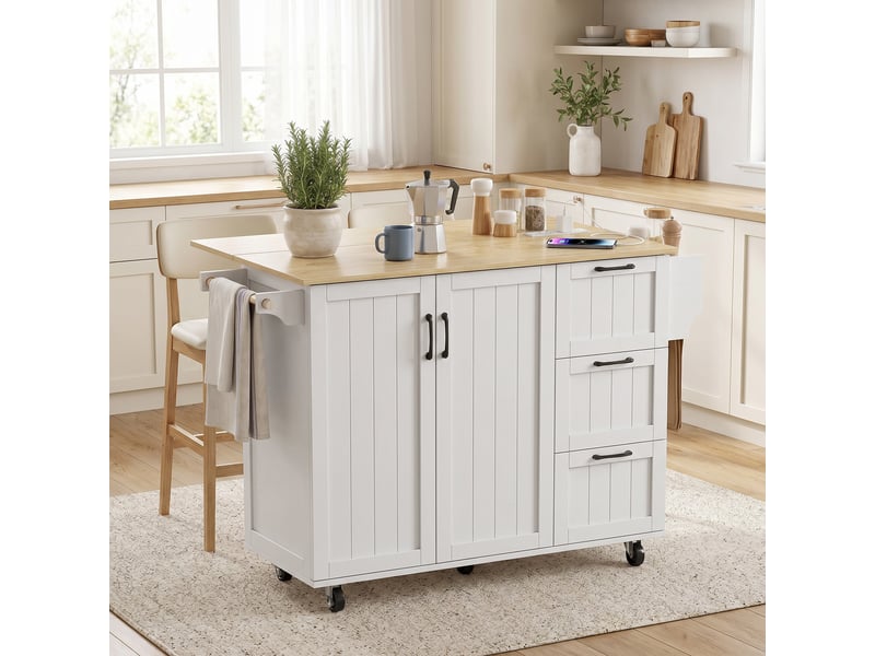 Îlot central cuisine avec plateau rabattable 2 prises et 2 ports usb desserte de cuisine sur roulettes 3 blanc tiroirs  - Conforama D