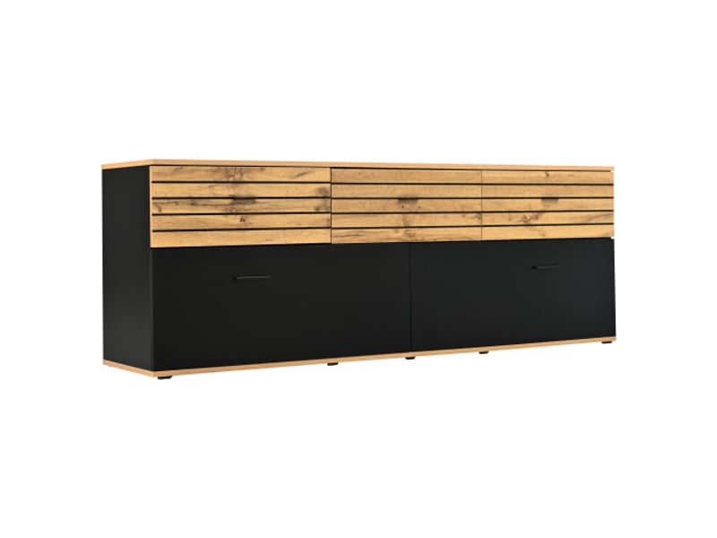  Meuble tv 168 cm - 2 portes, 3 tiroirs, pour tv jusqu'à 65 pouces - bois noir, motif ondulé, 168x38x59 cm  - Conforama A