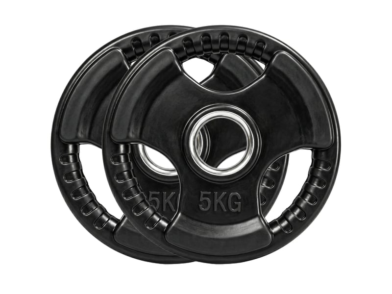  Disques de musculation, lot de 2, 5 kg par disque, trois poignées, revêtement en caoutchouc protecteur de sol, métal  - Conforama B
