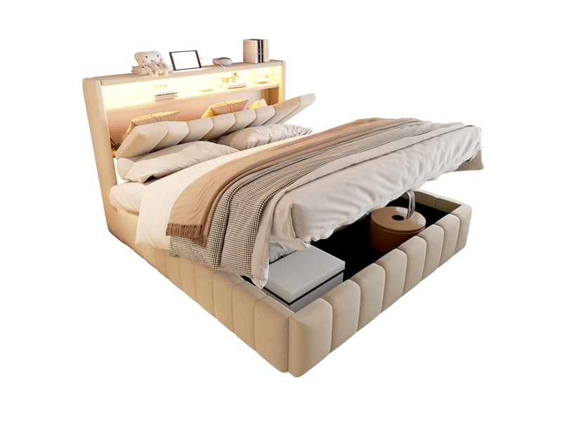  Lit coffre hydraulique 140x200 cm - lin beige - lit double avec tête de lit rembourré - bande led, usb et type-c  - Conforama A