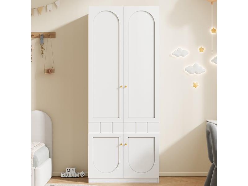  Armoire penderie 80x50x200 cm, 2 portes avec tringle, tiroirs à ouverture par pression, étagères fixes, poignées métalliques, mdf blanc peint  - Conforama C