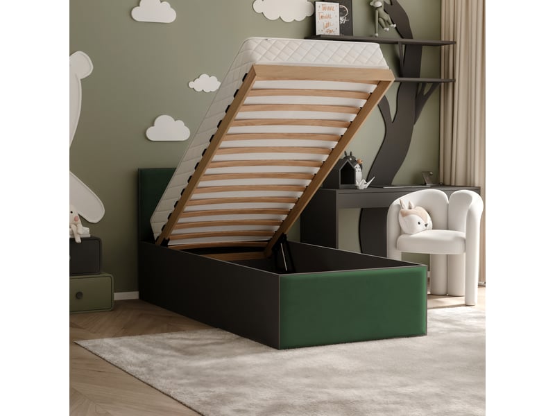 Lit coffre sashi - 90x200 cm - avec matelas - tissu velours - noir vert foncé SASHI - Conforama C