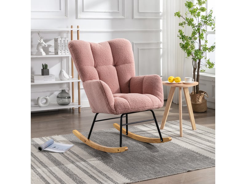  Fauteuil à bascule rose en tissu teddy avec dossier capitonné, pieds en bois et cadre en métal, 80x70x95 cm  - Conforama B