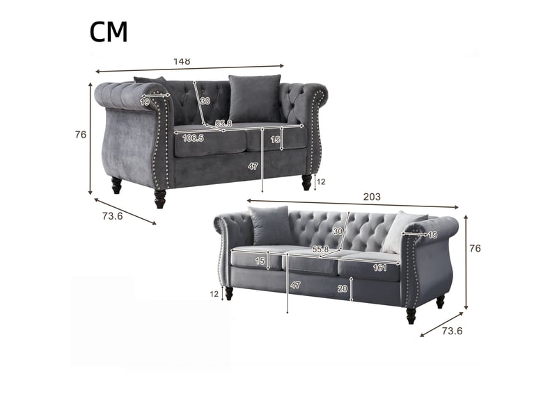 Canapé droit chesterfield en velours, capitonnage à boutons, clous argentés, bras recourbés, 5 places soit un canapé 3 places et un canapé 2 places, gris  - Conforama C