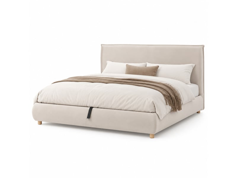  Lit double rembourré 160x200 cm avec rangement hydraulique, sommier à lattes, tête de lit capitonnée, pieds en bois massif, velours crème IKSETERA TRADING LTD - Conforama A