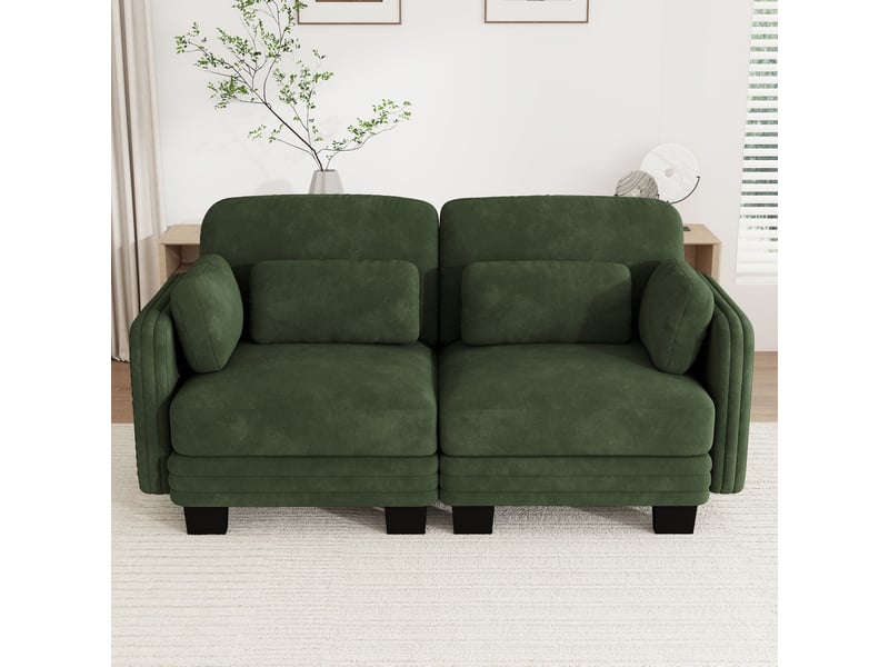  Canapé modulable 2 places 176x88x88 cm, coussins lombaires et accoudoirs, structure bois, chenille vert  - Conforama B