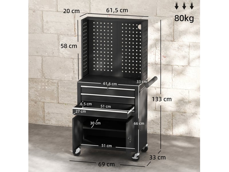  Armoire à outils mobile 69 x 33 x 133 cm noire en acier, 3 tiroirs, rangement d'atelier avec roulettes  - Conforama C