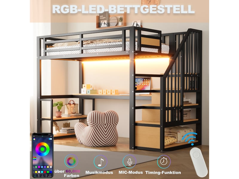 Lit mezzanine métal 90*200 cm avec led, prise, échelle rangement, étagères et table, noir  - Conforama E