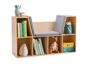 Étagère et banc 2 en 1 pour enfants avec coussin, 103 cm × 30 cm × 62 cm, blanc et gris