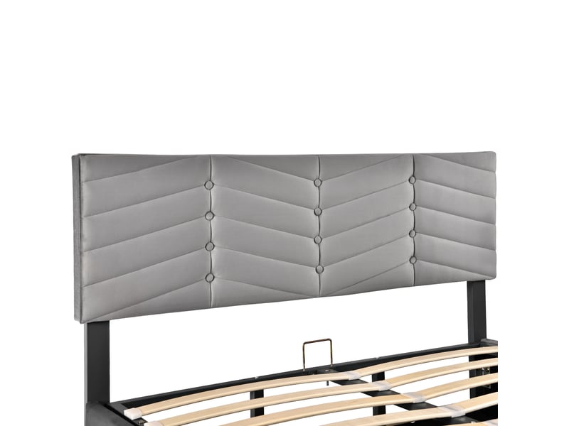 Lit coffre adulte 140x200 cm, lit double, rangement, tête de lit réglable, sommier, velours gris, sans matelas - Conforama E