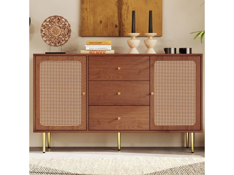  Buffet en rotin 150cm - finition noyer - 2 portes + 3 tiroirs -  poignées dorées &amp; étagères réglables - pour salon et chambre bois foncé - Conforama B