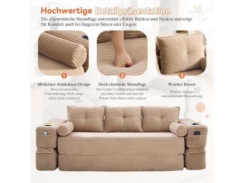  Canapé convertible 3 places avec porte-gobelet -  coussins mémoire, velours côtelé kaki 232 × 98 × 80 cm  - Conforama C