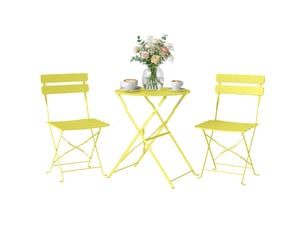 Ensemble bistrot de jardin 3 pièces table et 2 chaises pliantes à lattes double protection antirouille jaune