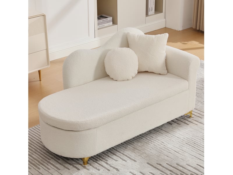  Banc coffre 134x64x70 cm, méridienne avec rangemen, dossier ondulé et 2 coussins, meuble salon, tissu teddy beige blanc  - Conforama W
