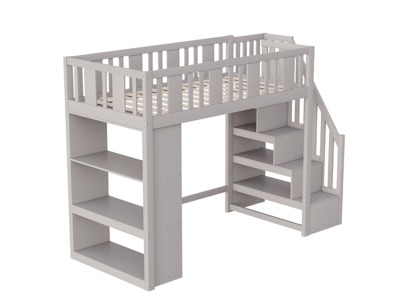 Lit mezzanine avec escalier-rangement, bois gris, 90x200 cm, grands compartiments intégrés - Conforama D