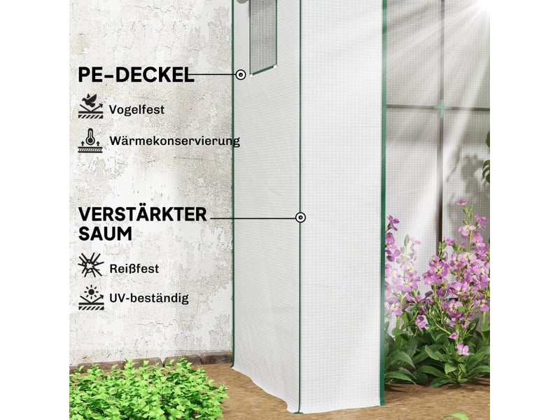 Serre de jardin 196 x 77 x 197 cm – blanche – toit incliné, fenêtres moustiquaires et porte enroulable - Conforama E