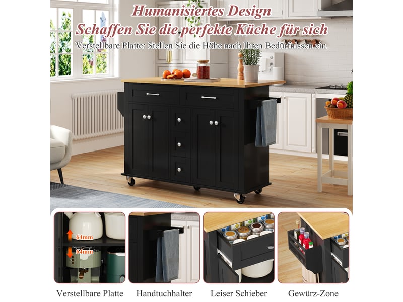  Chariot de cuisine multifonction - plan de travail extensible 120×65 cm - 5 tiroirs et armoires spacieuses 140x65x89cm - Conforama C