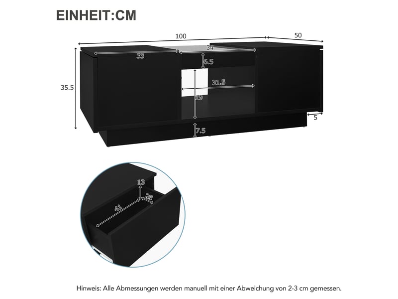  Table basse noire avec led 100x50 cm, plateau en verre, 2 tiroirs et compartiment ouvert, contrôle par application bluetooth  - Conforama W