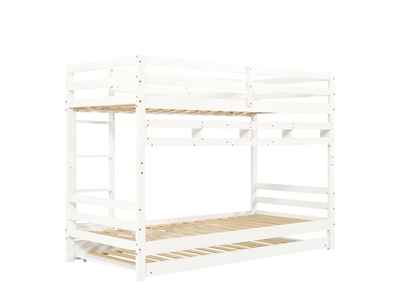  Lit superposé extensible à roulettes, avec une rangée d'étagères de 2 mètres, sommier à lattes robuste et échelle, pin + mdf + contreplaqué, blanc, 90 x 200 cm  - Conforama E