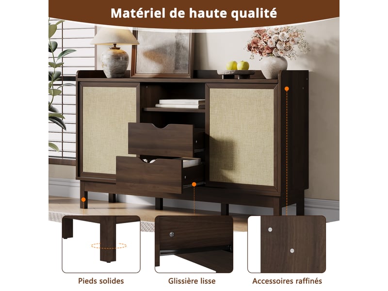  Buffet coulissant avec tiroirs 150x80 cm meuble rangement salon cuisine aggloméré naturel  - Conforama E