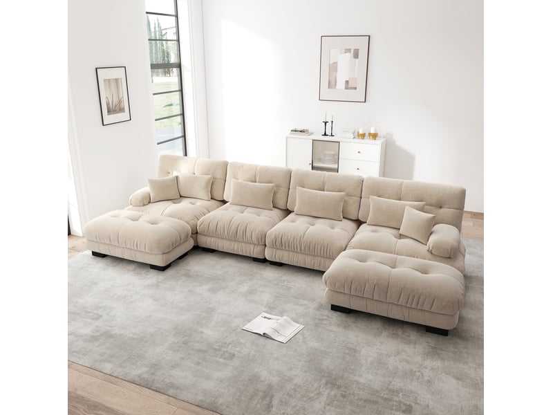  Canapé d'angle modulable 4 places en tissu marron clair avec ottomans mobiles, confort enveloppant au salon  - Conforama B