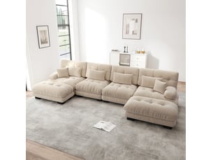 Canapé d'angle modulable 4 places en tissu marron clair avec ottomans mobiles, confort enveloppant au salon