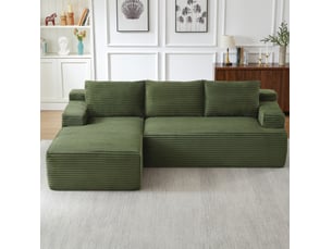 Canapé d'angle compressé en l 238x152x66 cm modulable 3 places, mousse et velours côtelé couleur vert, moderne