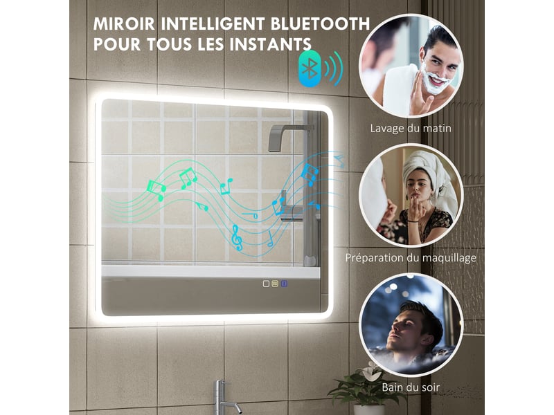 Miroir salle de bain led bluetooth 70 x 90 cm interrupteur tactile lumière réglable 3 couleurs anti-buée mémoire argent - Conforama E