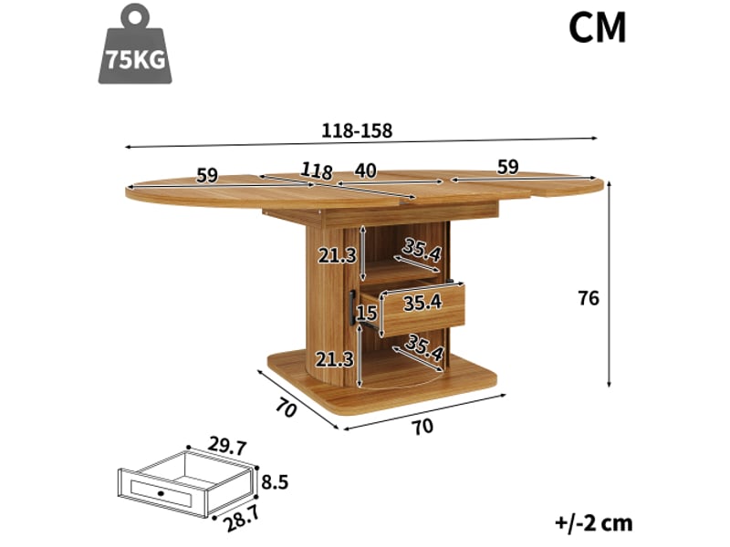  Table à manger extensible ronde transformable en ovale 118-158 cm, capacité jusqu'à 6 personnes, table polyvalente  - Conforama C