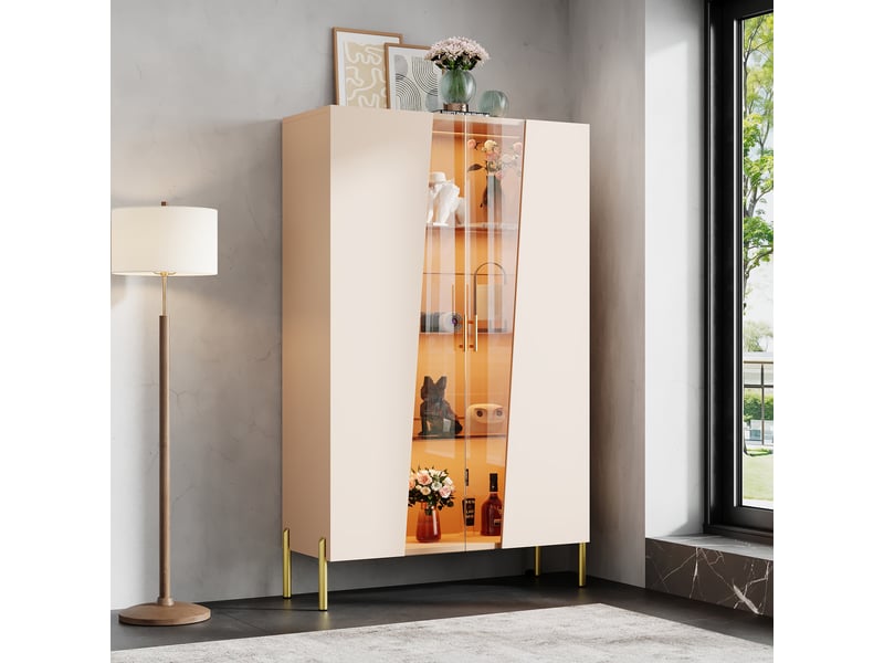  Vitrine beige 72x40x145 cm avec porte en verre trempé asymétrique, éclairage led, 3 étagères en verre réglables, meuble rangement salon  - Conforama B