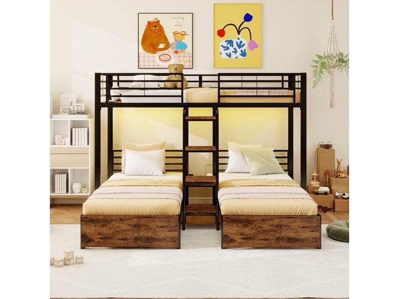 Lit superposé triple en l, 3 couchages 90x200cm noir, échelle 4 marches, bibliothèque intégrée, tablette inférieure et garde-corps, métal et mdf - Conforama C