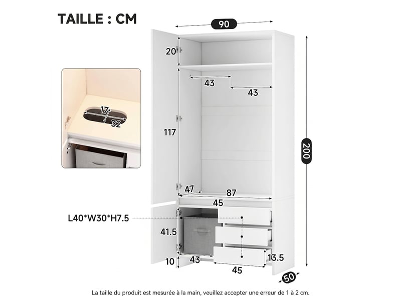 Armoire blanche 2 portes avec penderie et 2 tiroirs, poignées bois, 90x45x200 cm - Conforama W