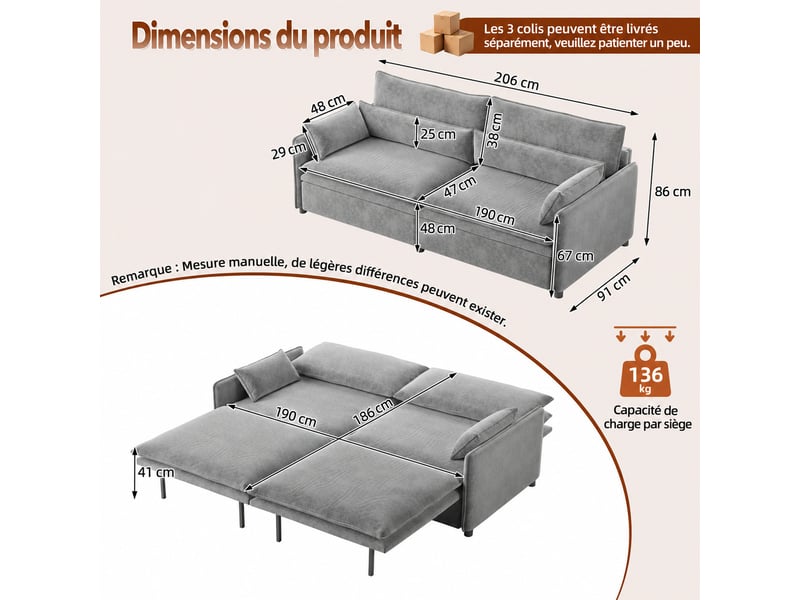  Canapé convertible 3 places 206 x 91 x 86 cm en chenille, 3-en-1 avec coffre, dossier réglable et coussins mobiles, gris clair  - Conforama C