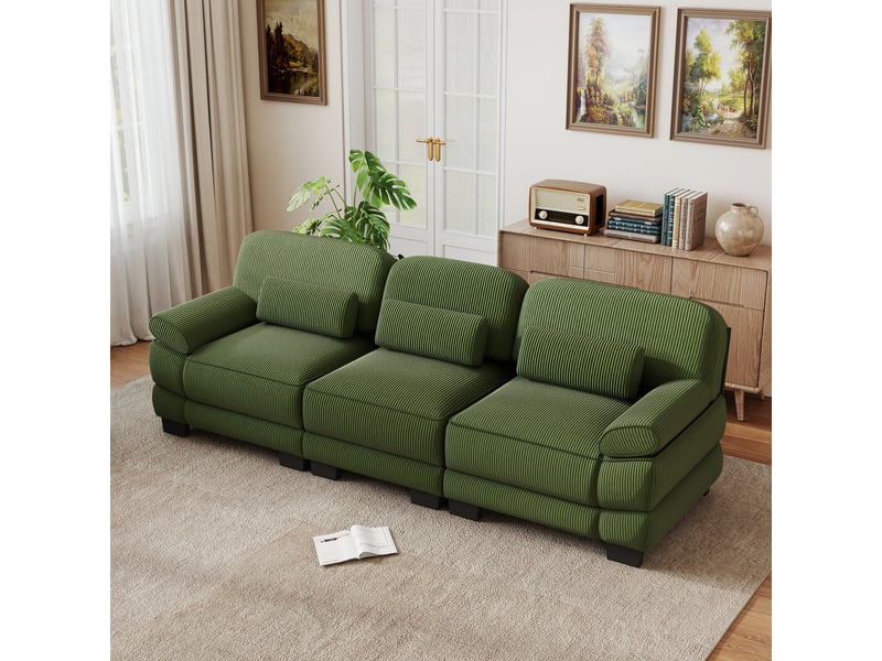 Canapé droit 3 places modulable, structure robuste, assise profonde et spacieuse, cordon cord doux et confortable, vert, pour se détendre au salon - Conforama E
